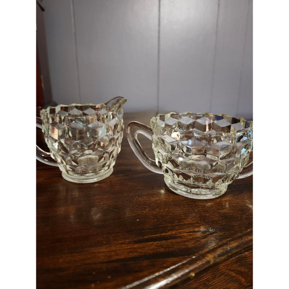 Vintage Jeannette Glass Cube Clear Depression Glass Creamer & Open Sugar Set - Picture 1 of 5
